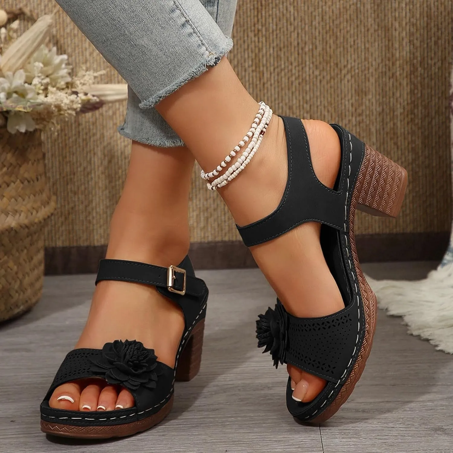 Orthopedic Wedge Sandals for Women Summer Beach Chunky Slip On Sandals Elegant Platform Casual Adjustable Ankle Strap Walking Shoes Open Toe Low Heel Slides Shoes with Flowers