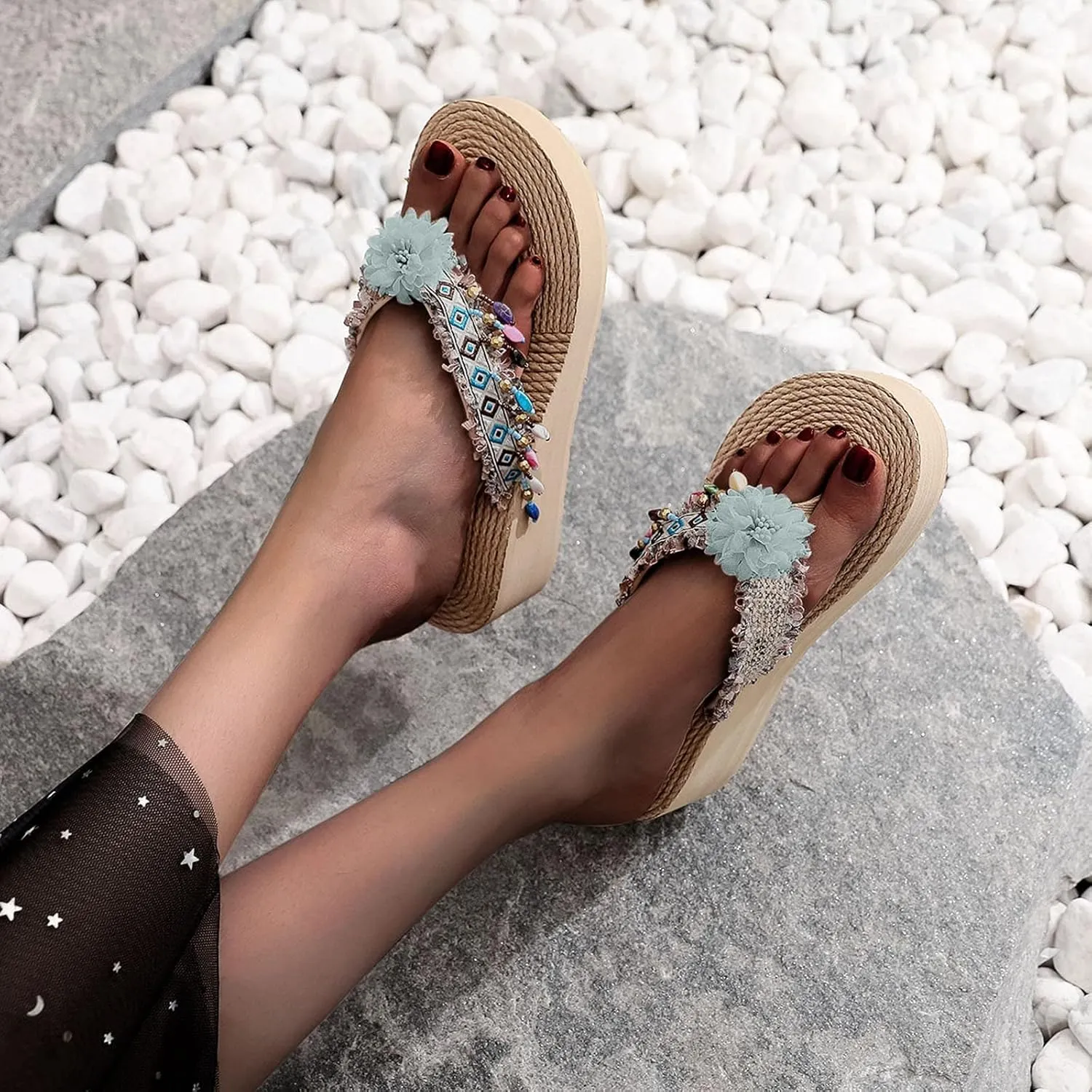 peqiut Sandals for Women Platform Bohemian Beach Flip Flops Rhinestone Slippers Womens Sandals