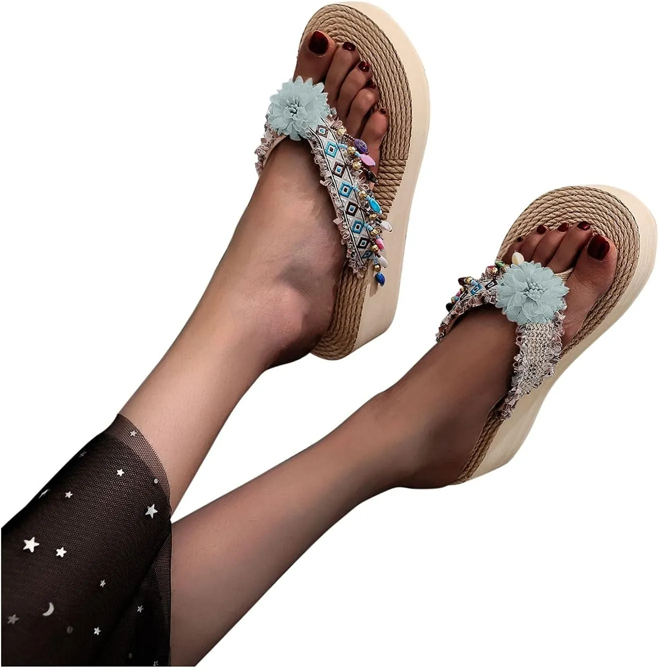 peqiut Sandals for Women Platform Bohemian Beach Flip Flops Rhinestone Slippers Womens Sandals