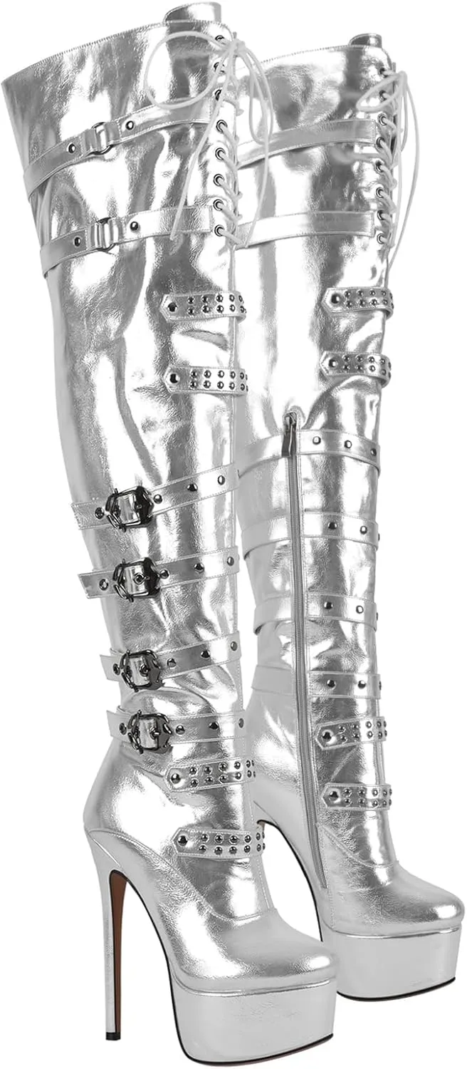 Richealnana Women's Platform Lace Up Stiletto High Heels Knee High Boots