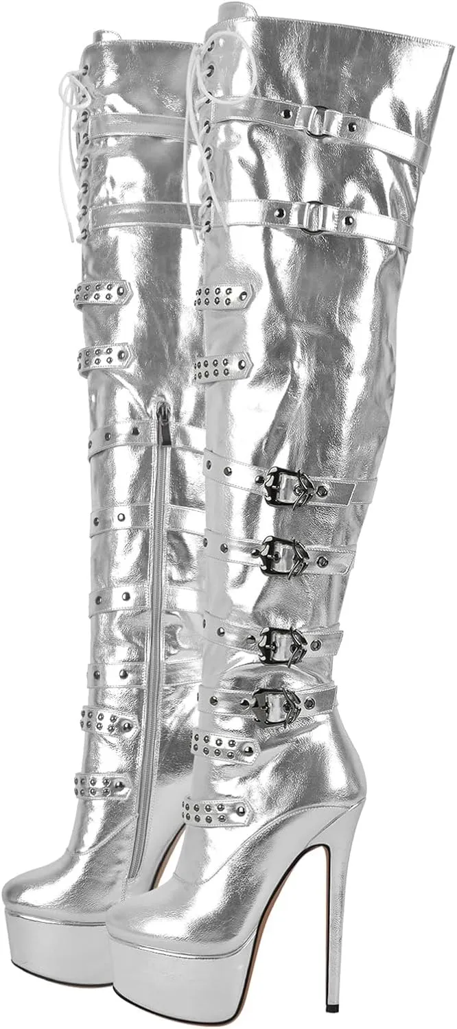 Richealnana Women's Platform Lace Up Stiletto High Heels Knee High Boots