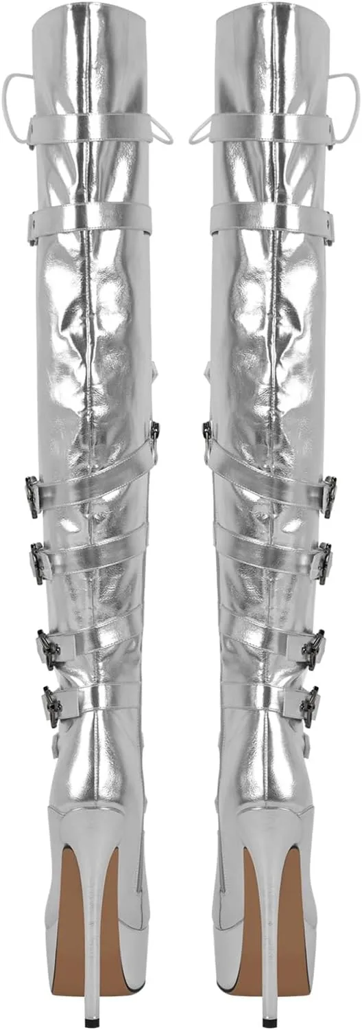Richealnana Women's Platform Lace Up Stiletto High Heels Knee High Boots