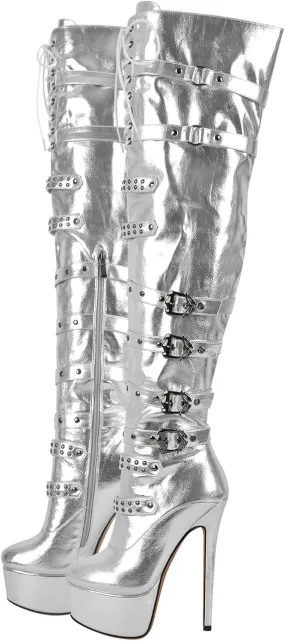 Richealnana Women's Platform Lace Up Stiletto High Heels Knee High Boots
