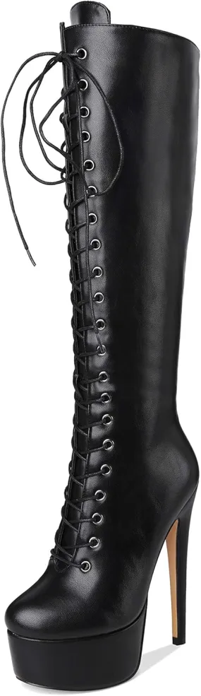 Richealnana Women's Platform Lace Up Stiletto High Heels Knee High Boots