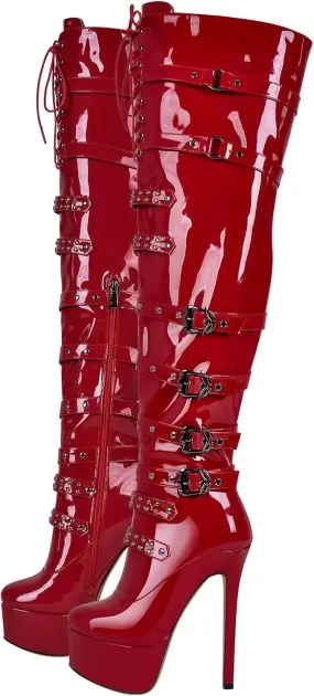 richealnini Women's Platform Heel Thigh High Boots with Zippers Lace Up Sexy Sky High Heels Long Shaft Over the Knee High Boots