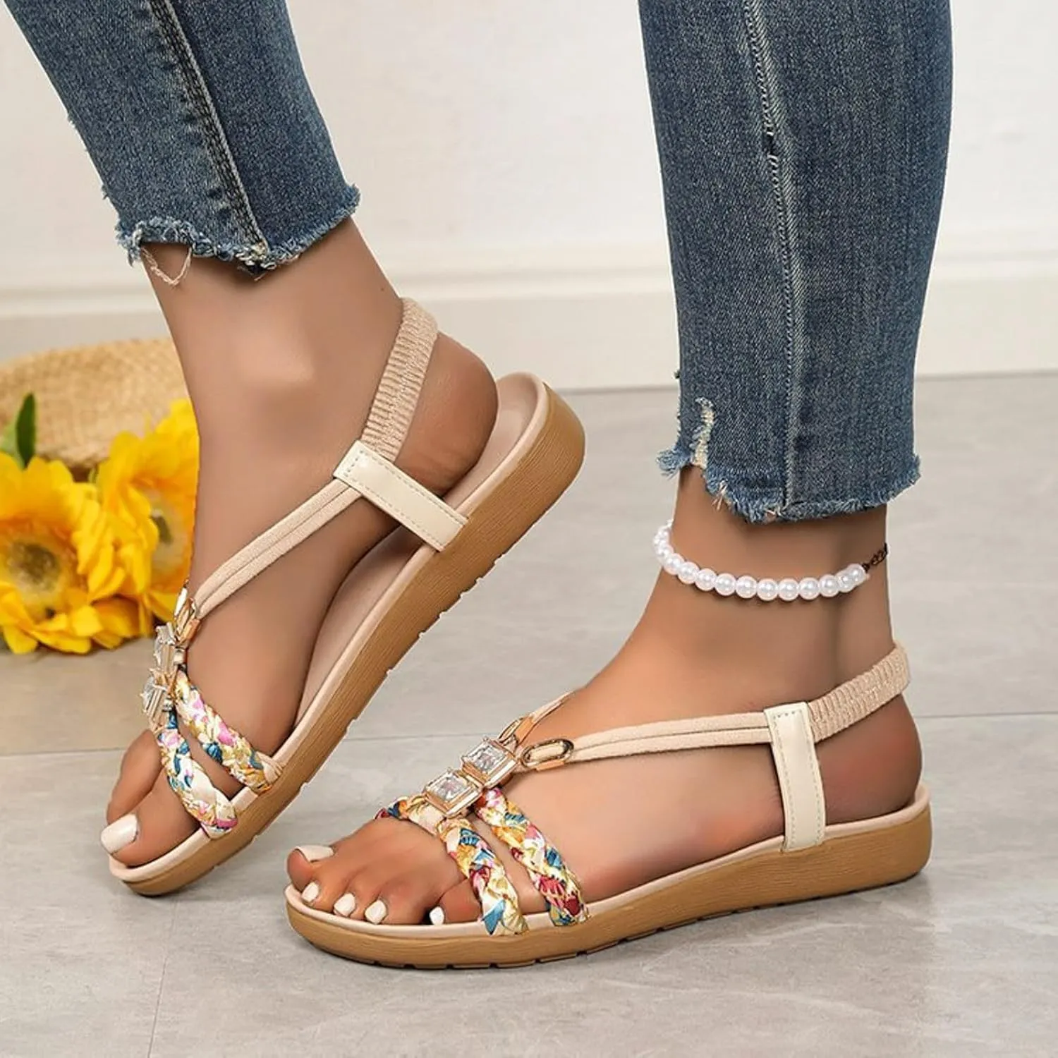 Sandals for Women Dressy Summer Flat Casual Summer Comfort Beach Shoes Non Slip On Casual Walking Shoes Rhinestone Jeweled Elastic Ankle Strap Bohemian Flats