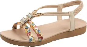 Sandals for Women Dressy Summer Flat Casual Summer Comfort Beach Shoes Non Slip On Casual Walking Shoes Rhinestone Jeweled Elastic Ankle Strap Bohemian Flats