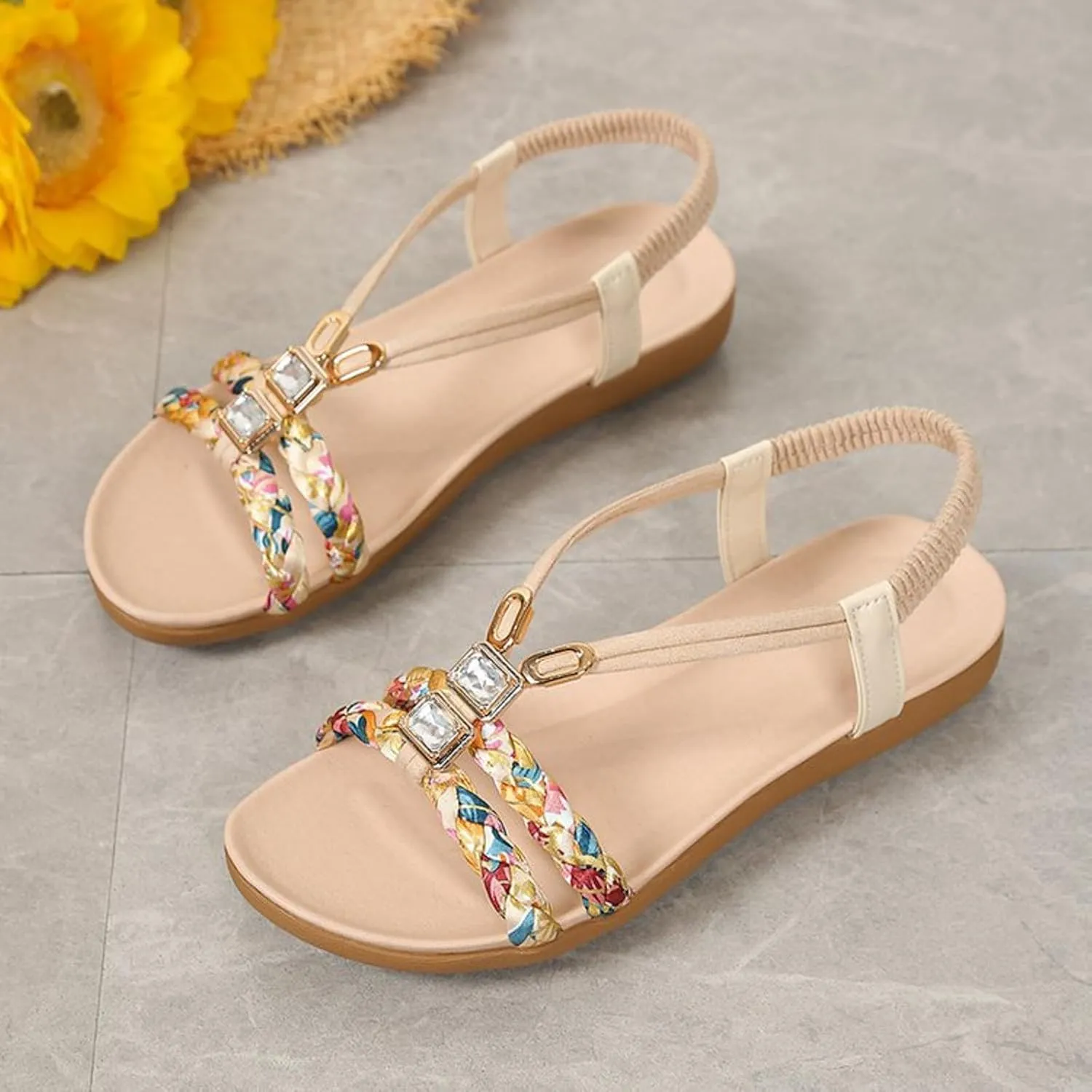 Sandals for Women Dressy Summer Flat Casual Summer Comfort Beach Shoes Non Slip On Casual Walking Shoes Rhinestone Jeweled Elastic Ankle Strap Bohemian Flats