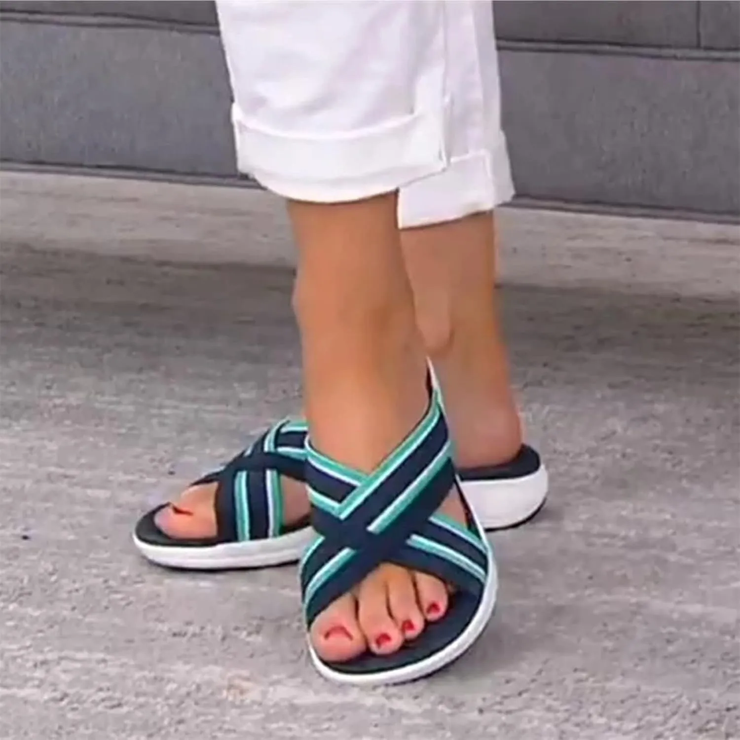 Smoneyful Womens Comfortable Orthopedic Sandals Arch Support Wide Width Walking Plantar Fasciitis Slide Sandals