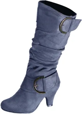 Wide Calf Boots for WomenMid Knee High Boots Chunky Heel Slouchy Buckle Side Zipper Winter Shoes