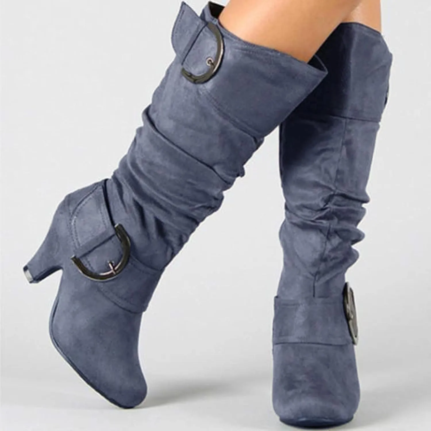 Wide Calf Boots for WomenMid Knee High Boots Chunky Heel Slouchy Buckle Side Zipper Winter Shoes