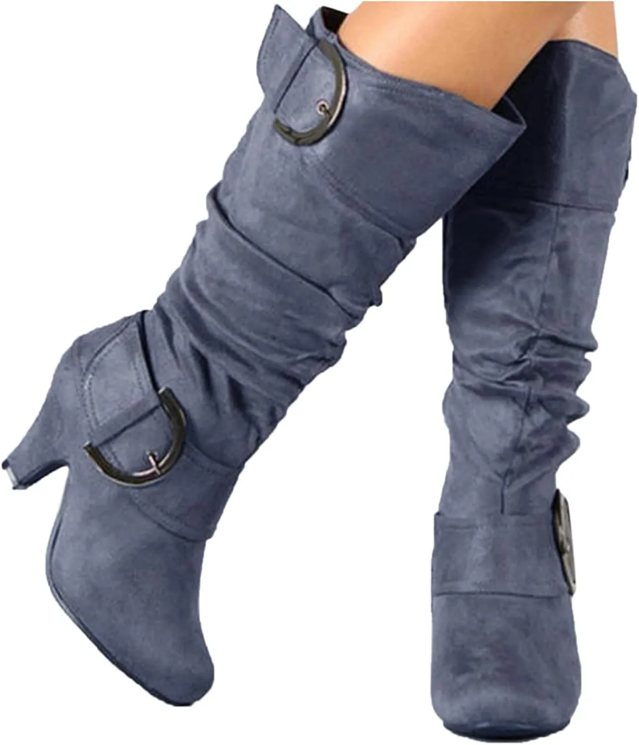 Wide Calf Boots for WomenMid Knee High Boots Chunky Heel Slouchy Buckle Side Zipper Winter Shoes
