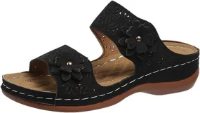 Womens Comfortable Sandals Hollow Out Non Slip Wedge Sandals Open Toe Vintage Leather Walking Shoes for Women Fashion Flower Walking Shoes Oceanside Holiday Outdoor