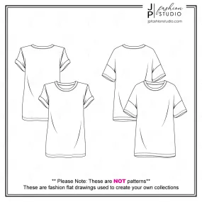 Women's Oversized T-Shirts Fashion Flat Sketches (2 styles), Short Sleeves Tunic Tops Fashion Technical Drawings, Drop Shoulders Tee, Padded Shoulders top