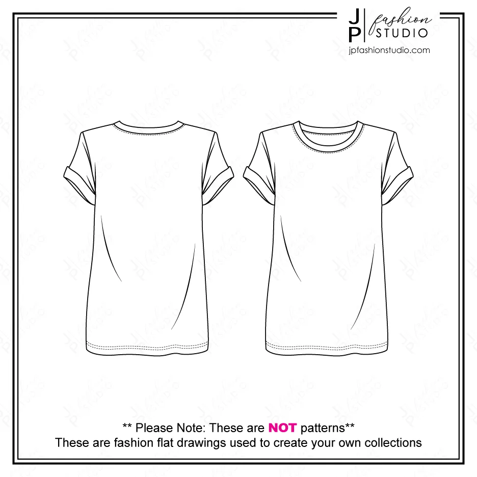 Women's Oversized T-Shirts Fashion Flat Sketches (2 styles), Short Sleeves Tunic Tops Fashion Technical Drawings, Drop Shoulders Tee, Padded Shoulders top