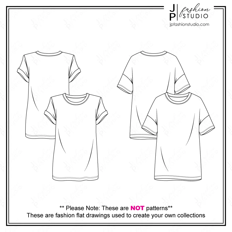 Women's Oversized T-Shirts Fashion Flat Sketches (2 styles), Short Sleeves Tunic Tops Fashion Technical Drawings, Drop Shoulders Tee, Padded Shoulders top