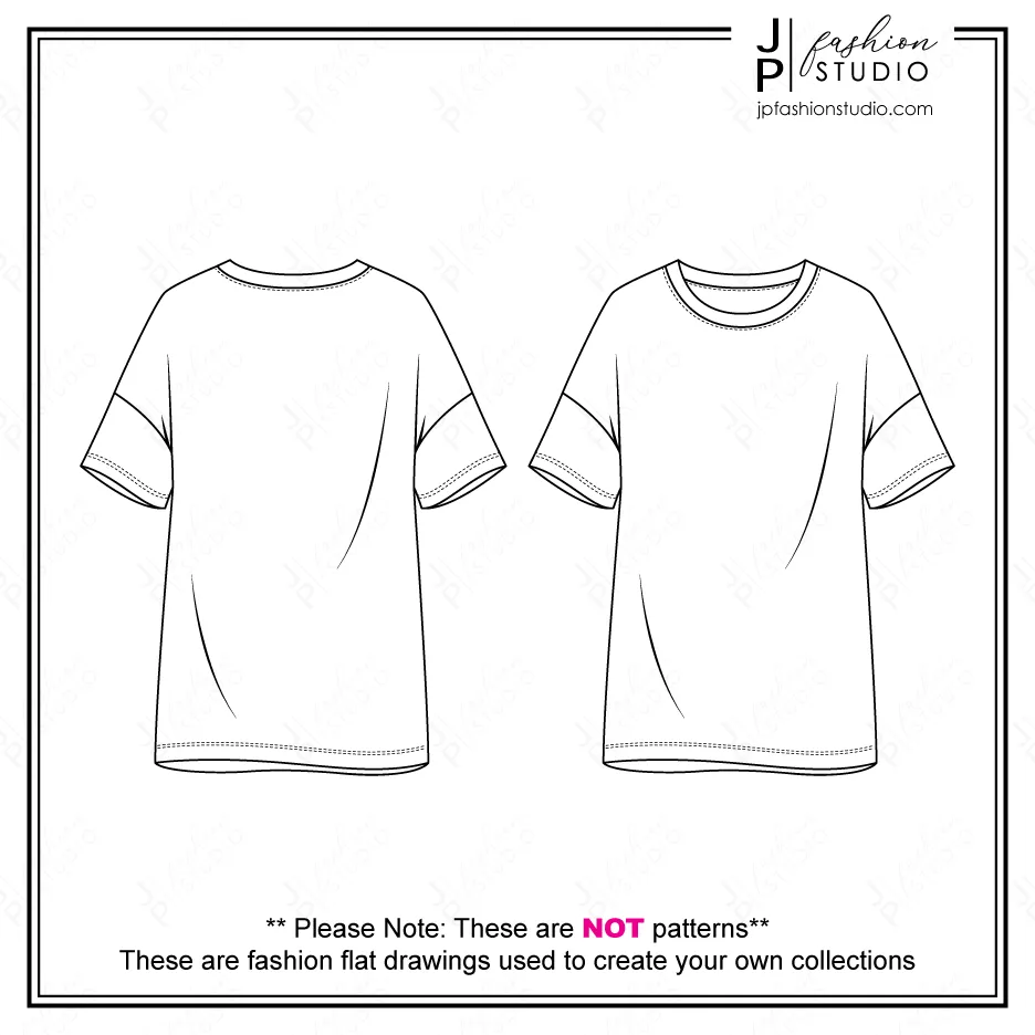 Women's Oversized T-Shirts Fashion Flat Sketches (2 styles), Short Sleeves Tunic Tops Fashion Technical Drawings, Drop Shoulders Tee, Padded Shoulders top