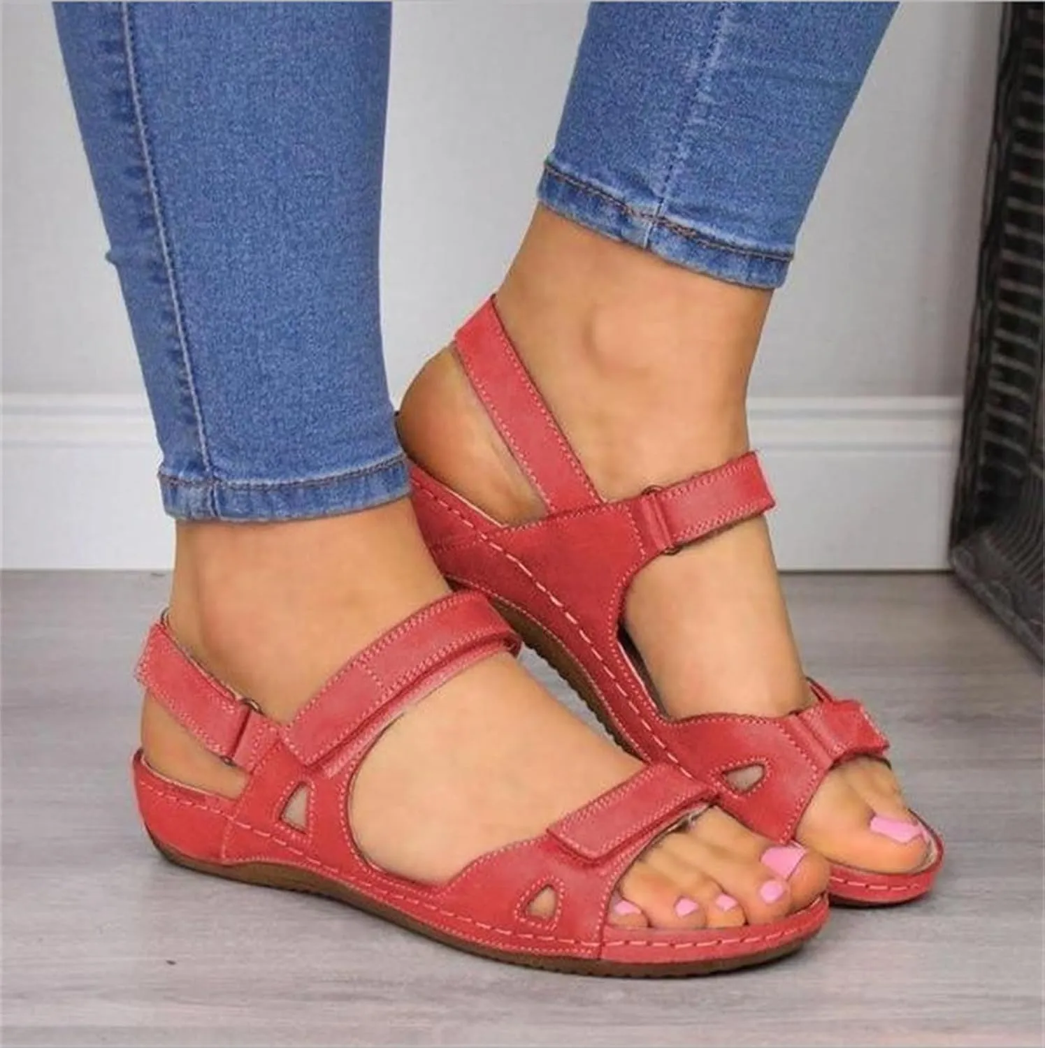 Womens Sandals Comfortable Orthopedic Slides Low Wedge Sandals Summer Breathable Open Toe Beach Shoes Ladies Walking Sports Athletic Sandal Ankle Strap Dressy Hiking Shoes