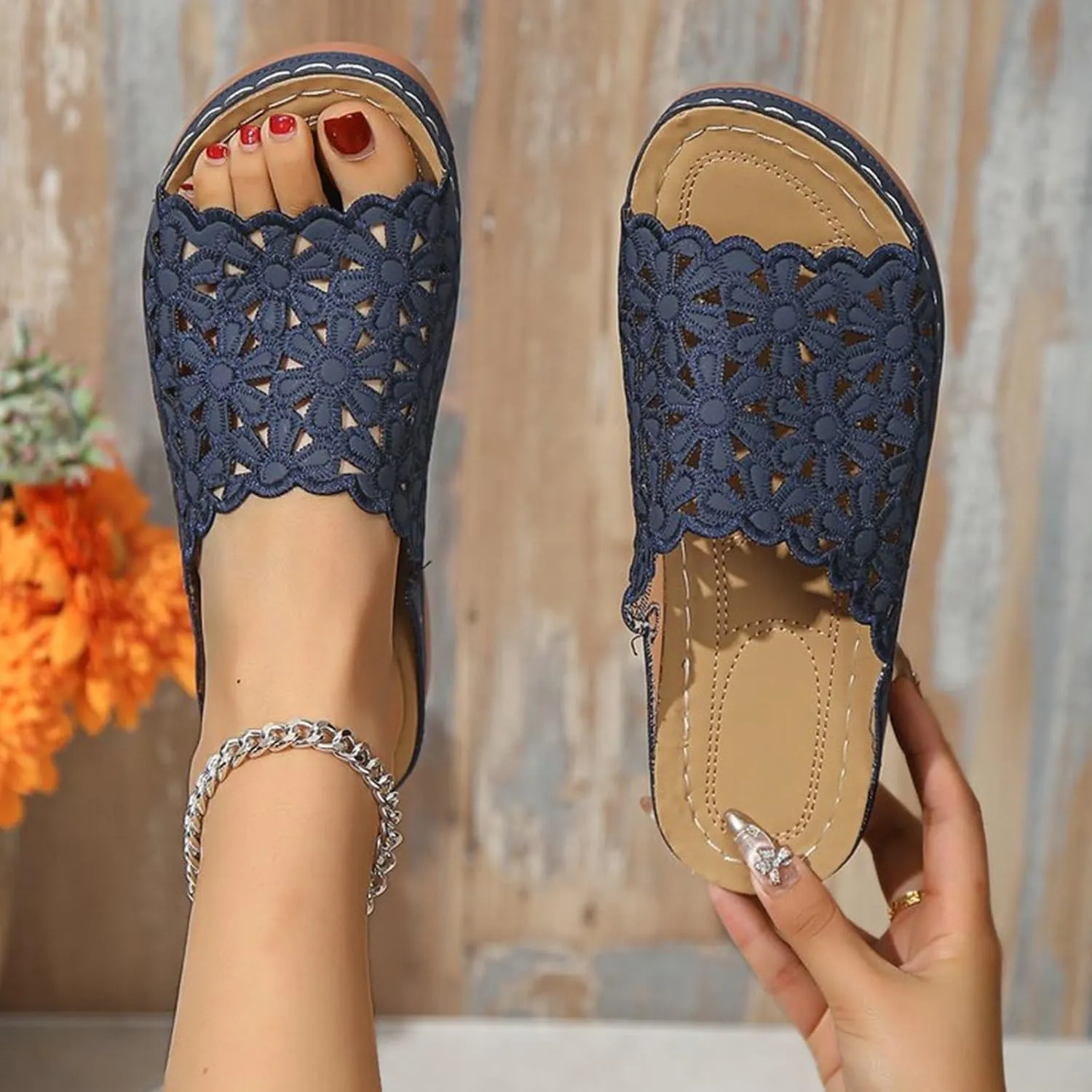 Womens Summer Beach Sandals Open Toe Slides Low Wedge Mesh Slippers Ladies Elegant Dressy Flowers Fabric Sandals Cute Comfortable Outdoor Shoes for Everyday Elegance