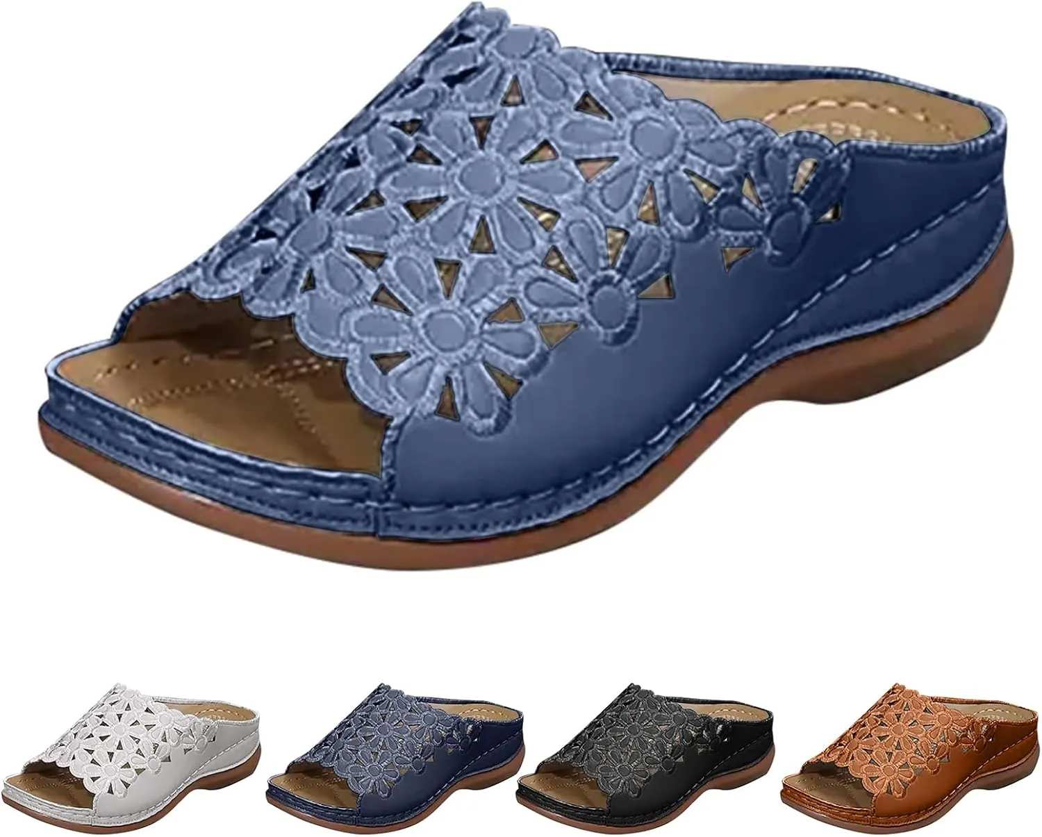 Womens Summer Beach Sandals Open Toe Slides Low Wedge Mesh Slippers Ladies Elegant Dressy Flowers Fabric Sandals Cute Comfortable Outdoor Shoes for Everyday Elegance