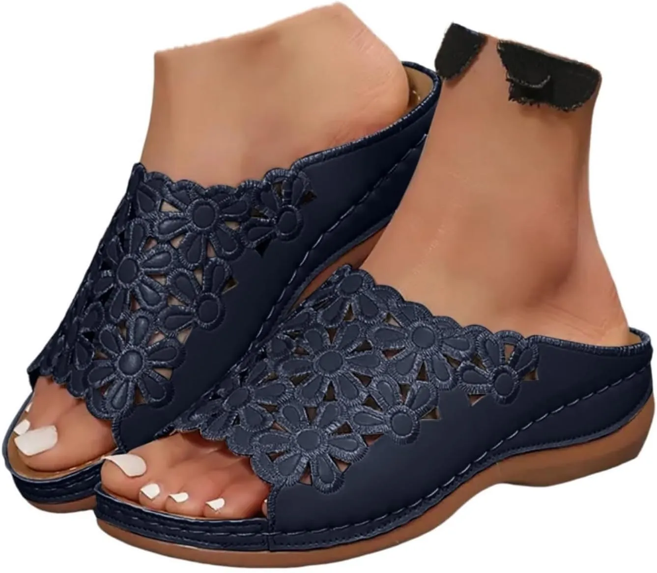 Womens Summer Beach Sandals Open Toe Slides Low Wedge Mesh Slippers Ladies Elegant Dressy Flowers Fabric Sandals Cute Comfortable Outdoor Shoes for Everyday Elegance